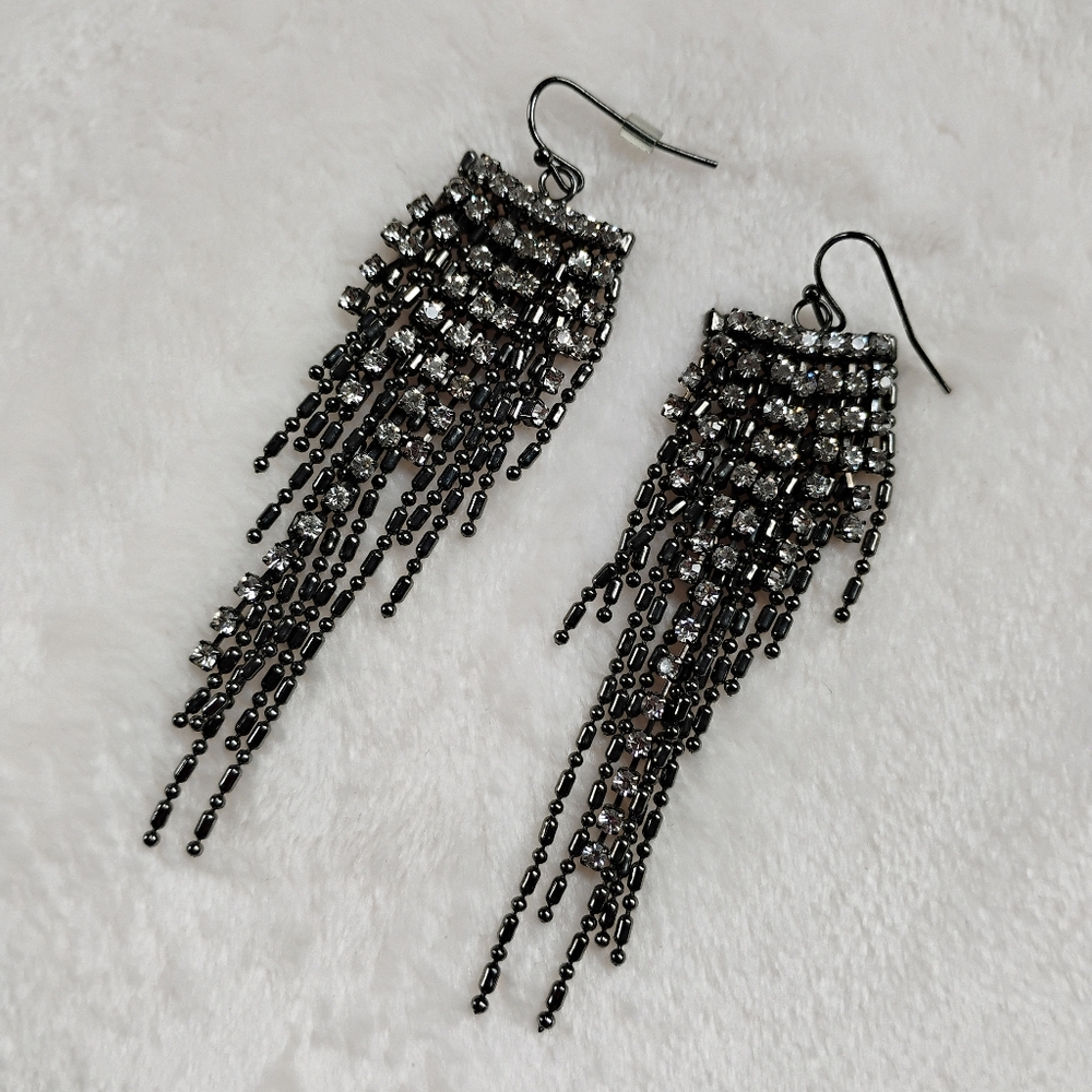 Beautiful Rhinestone Chain Dangle Earrings | Gunmetal Waterfall | 3 1/4"